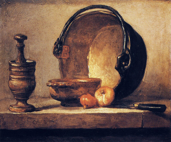 Still Life with Pestle, Bowl, Copper Cauldron, Onions and a Knife Painting1734～35